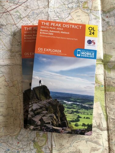 A picture of a map for sale. Ordnance Survey OS Explorer Map OL24 covering The Peak District White Peak Area. Buxton, Bakewell, Matlock and Dove Dale.