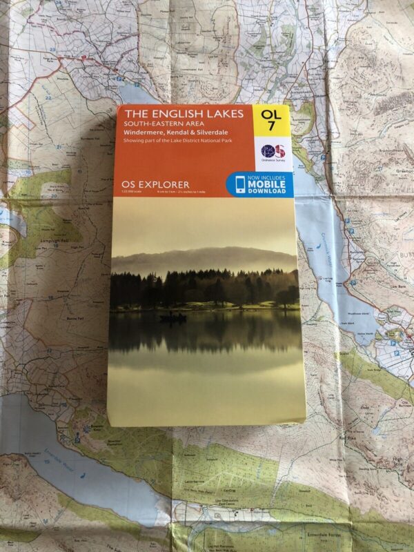 Picture of a map for sale on our website. OS Explorer OL7 Map The English Lakes South Eastern Area. Windermere, Kendal and Silverdale.