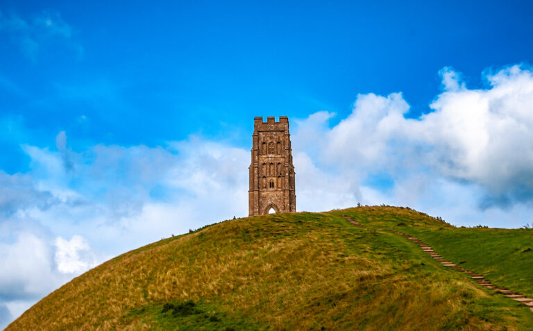 A colour picture of St Michael's Tower on top of Glastonbury Tor