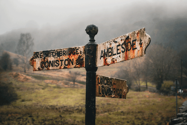 Old location sign near Ambleside, showing distances to Coniston and Loughrigg